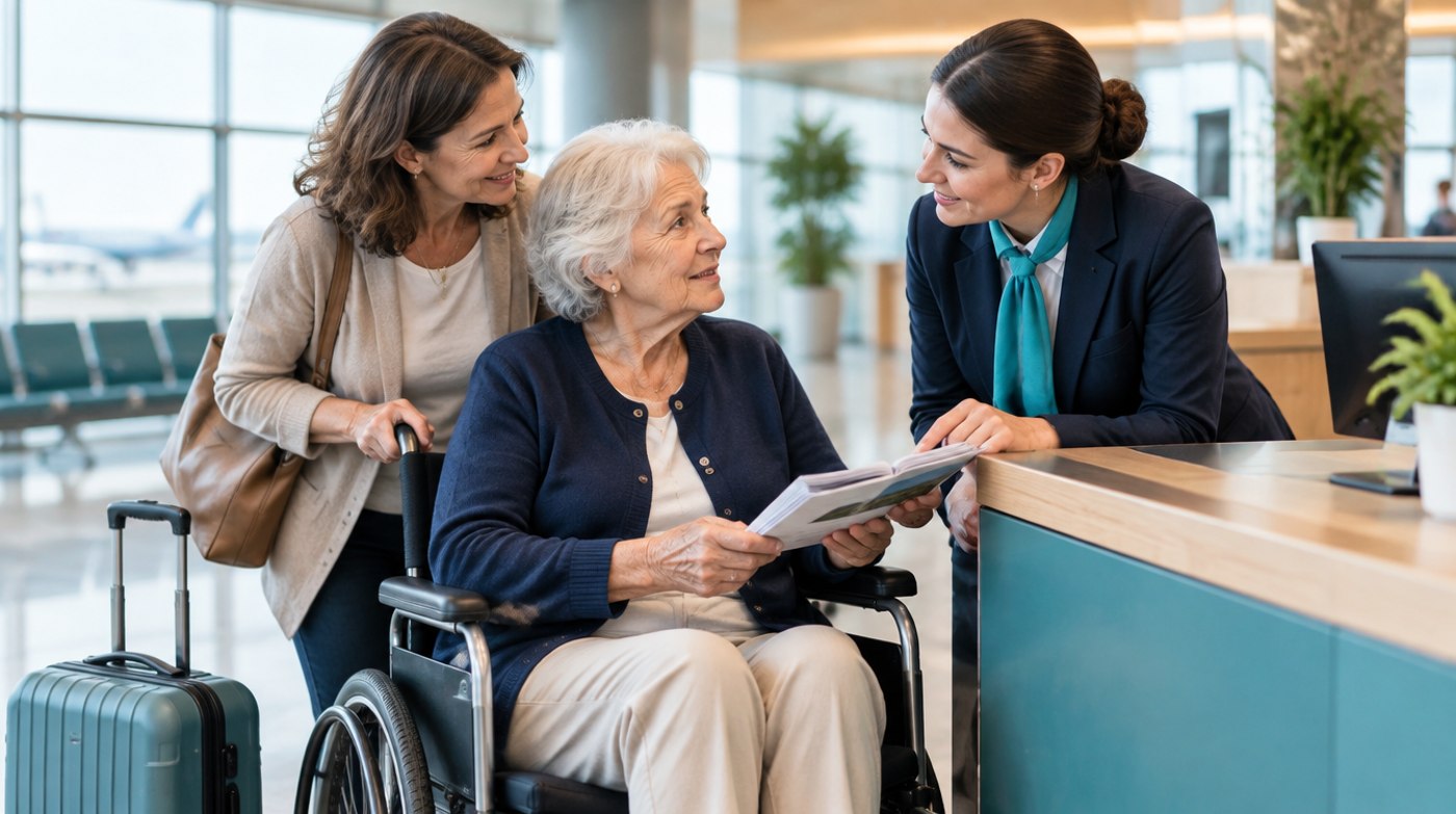 An older traveler, her adult daughter and airport staff discussing an assistance plan. AI-generated illustration.