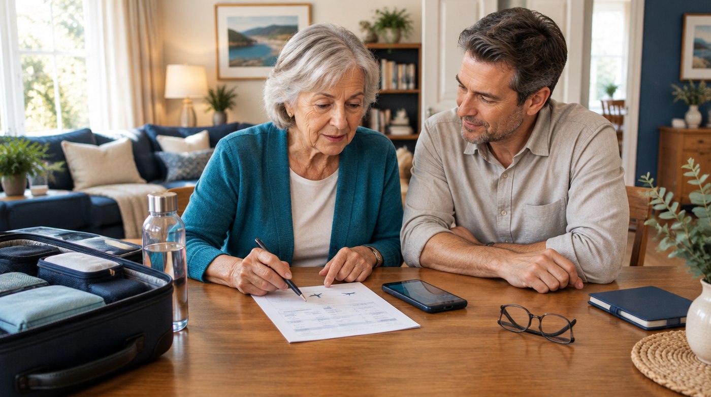 An older woman and her adult son planning a flight together at home. AI-generated illustration.