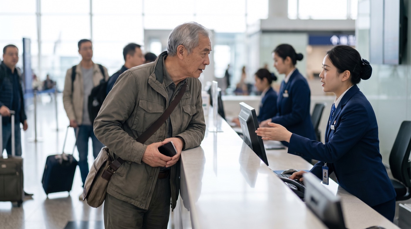 Older traveler verifies an airport request with official staff