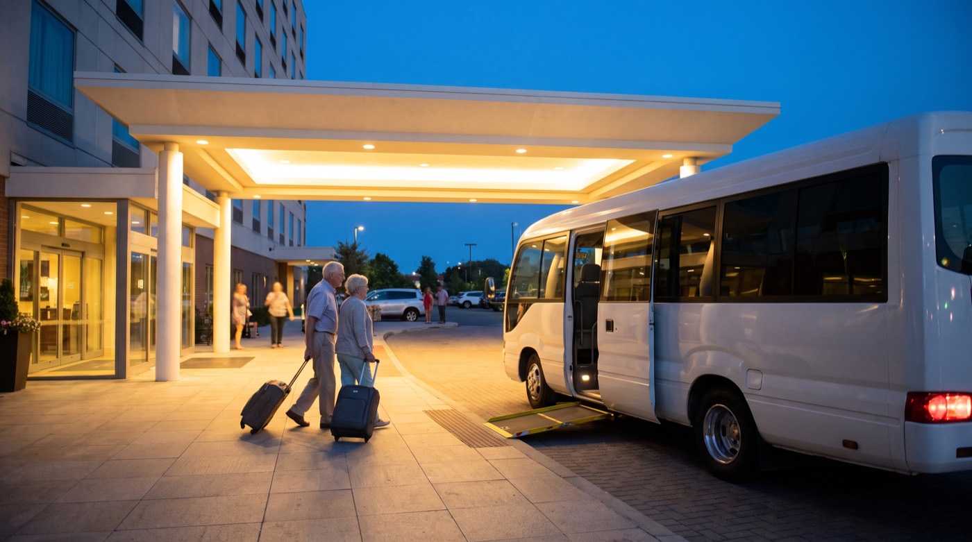 Airport hotel shuttle and accessible arrival details for a tired traveler