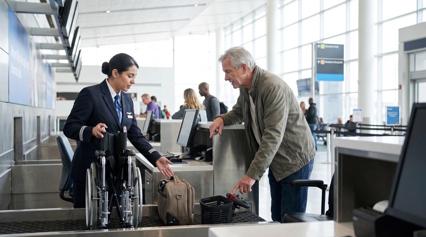 Traveler reviews carrier-specific airport assistance and mobility-device steps